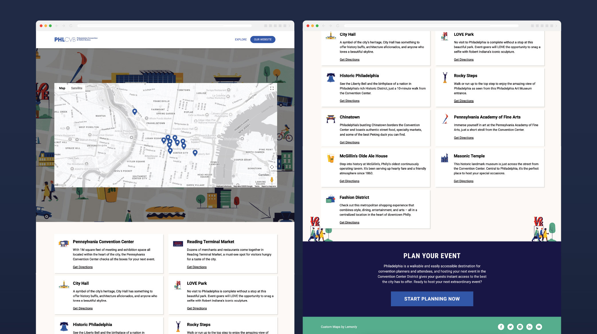 Preview of interactive map landing page for Philadelphia Convention & Visitors Bureau created by Lemonly